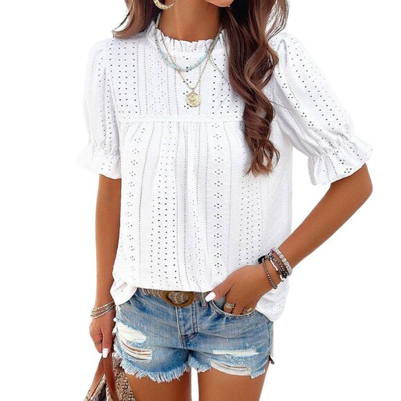 NEW White Lace Hollow Out Ruffle Loose Fit Blouse Boho Sizes S-XL Short Sleeves - Picture 1 of 3